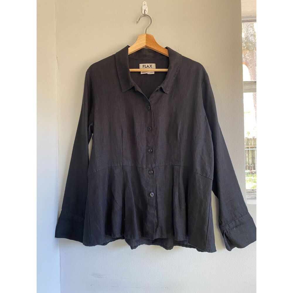 FLAX Button Down Peplum Blouse Black Linen Long Sleeve Lagenlook Top,Small